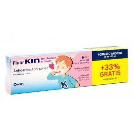 kin-fluor-dentifrice-pates-enfant-fraise-75ml-25ml-gr KIN FLUOR DENTIFRICE PATES ENFANT FRAISE 75ML+ 25ML GR – Image 1